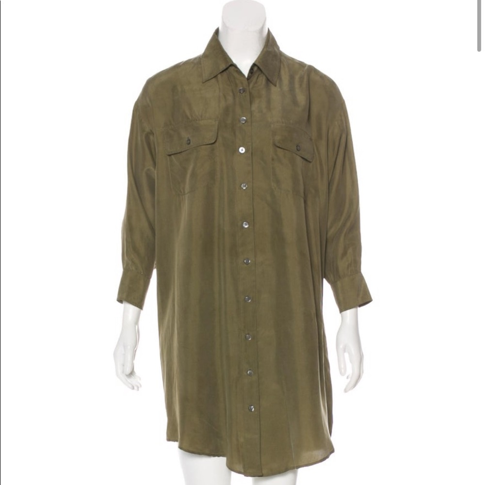 Elizabeth and James Olive Green Silk Shirtdress